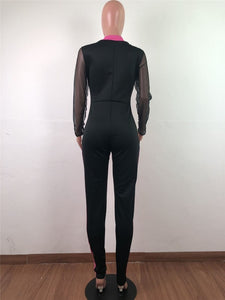 Sheer Mesh Color Patchwork Bandage Jumpsuit