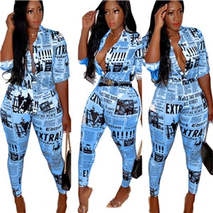 Newspaper Print Women Two Piece Set