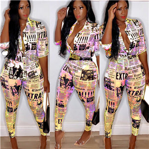 Newspaper Print Women Two Piece Set