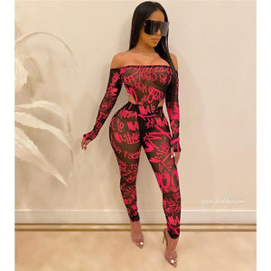 Letters Print Sheer Mesh Two Piece Set